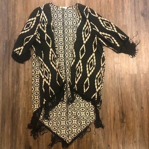 Rumors Fringed Aztec Kimono Black and Cream